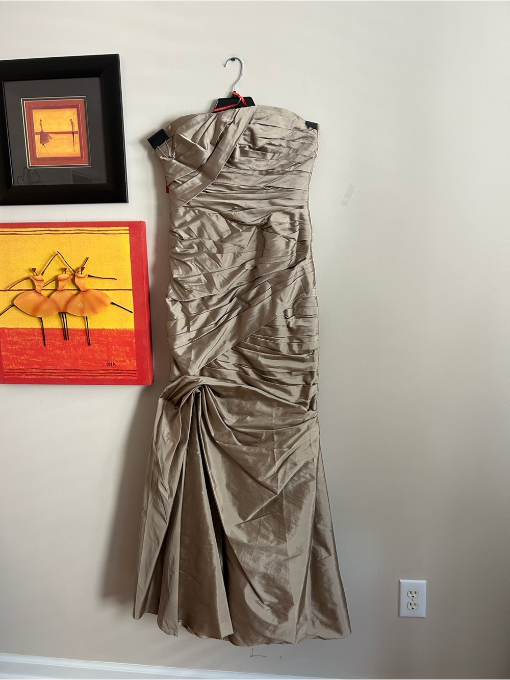 Monique Lhuillier Strapless Ruched Evening Gown - Taupe, straps are attached